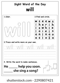 Sight words educational worksheet for preschool and primary school learning, coloring activities for children, preschool activities