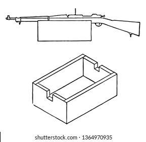 Sighting rest for rifle remove the top and cut notches in the ends to fit the rifle closely, vintage line drawing or engraving illustration.