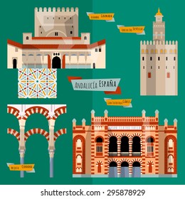 Sehenswürdigkeiten Andalusiens. Sevilla, Granada, Cordoba, Cadiz, Spanien, Europa. Vektorgrafik