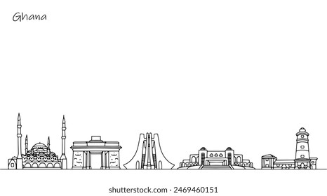 Sights and architecture of Ghana. Historical and cultural buildings of the African country. Hand drawn vector illustration.