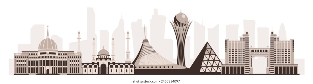 Sights of Astana - capital of Kazakhstan, cityscape, skyscrapers, modern architecture, vector drawing