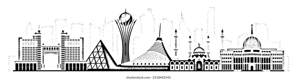 Pontos turísticos de Astana - capital do Cazaquistão, paisagem urbana, arranha-céus, arquitetura moderna, desenho vetorial