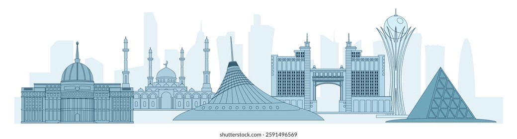 Sights of Astana - capital of Kazakhstan, cityscape, skyscrapers, modern architecture, vector drawing