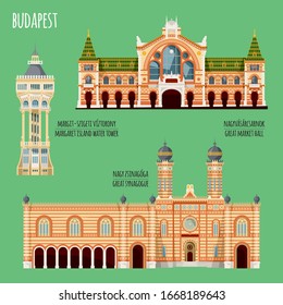 Sights of Budapest, Hungary. Margaret island water tower, Great market hall, Great synagogue. Vector illustration. 