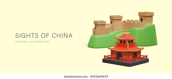 Sights of China. Advertising banner, header, flyer in cartoon style with 3D illustration