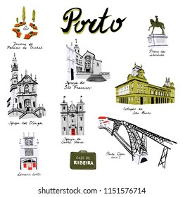 Sights of city of Porto, Portugal. Garden, churches, railway station, book store, bridge and the bank icons. Set of vector hand drawn illustrations isolated on white.