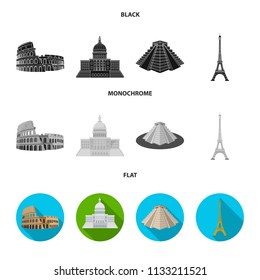 Sights of different countries black, flat, monochrome icons in set collection for design. Famous building vector symbol stock web illustration.