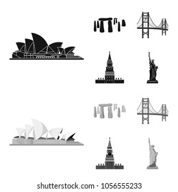 Sights of different countries black,monochrom icons in set collection for design. Famous building vector symbol stock web illustration.