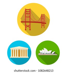 Sights of different countries flat icons in set collection for design. Famous building vector symbol stock web illustration.