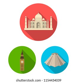 Sights of different countries flat icons in set collection for design. Famous building vector symbol stock web illustration.