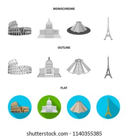 Sights of different countries flat,outline,monochrome icons in set collection for design. Famous building vector symbol stock web illustration.