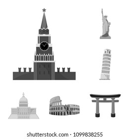 Sights of different countries monochrome icons in set collection for design. Famous building vector symbol stock web illustration.