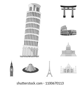 Sights of different countries monochrome icons in set collection for design. Famous building vector symbol stock web illustration.