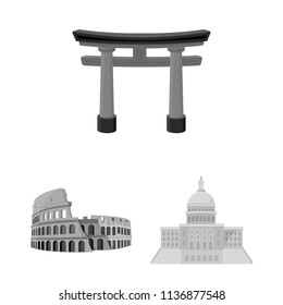 Sights of different countries monochrome icons in set collection for design. Famous building vector symbol stock web illustration.