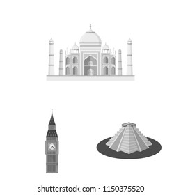 Sights of different countries monochrome icons in set collection for design. Famous building vector symbol stock web illustration.