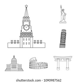 Sights of different countries outline icons in set collection for design. Famous building vector symbol stock web illustration.