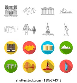 Sights of different countries outline,flat icons in set collection for design. Famous building vector symbol stock web illustration.