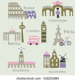 Sights of famous cities of Europe in cartoon style. London, Rome, Paris, Copenhagen, Stockholm, Berlin, Amsterdam
