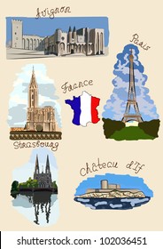 Sights of France drawn in watercolors style.