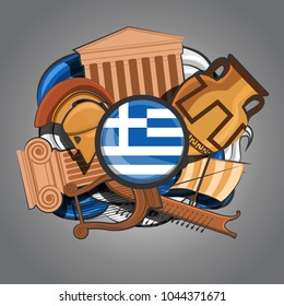 sights of greece on an abstract background with a flag, vector illustration