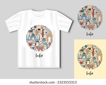 Sights of India. Flat icons in the shape of a circle. Travel concept with t-shirt mockup. Vector Illustration