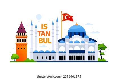 Sights of Istanbul - modern colored vector illustration with Galata Kulesi, Mosque and national red flag with moon and star sign. Sights of Turkish cities, antiquities and world heritage, tourism