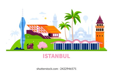 Sights of Istanbul - modern colored vector illustration with Hagia Sophia Grand Mosque, Galata Tower, Basilica Cistern, Chamlydzha TV Tower. Turkish architecture and sights. Travel and vacation ieda