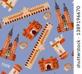 Sights of Krakow, Poland. Cloth Hall, St. Florian’s Gate, St. Mary’s Basilica, Barbican. Seamless background pattern. Vector illustration. 