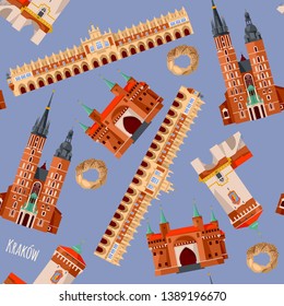 Sights of Krakow, Poland. Cloth Hall, St. Florian’s Gate, St. Mary’s Basilica, Barbican. Seamless background pattern. Vector illustration. 