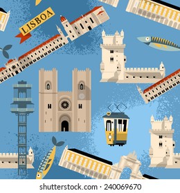 Sights of Lisbon. Portugal  Europe. Seamless background pattern. Vector illustration