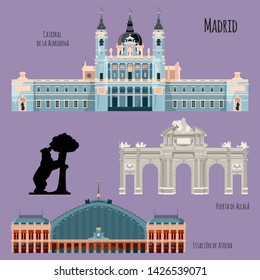 Sights of Madrid, Spain. Almudena Cathedral, Railway station Atocha, Alcala Gate, Statue of the Bear and the Strawberry Tree. Vector illustration. 