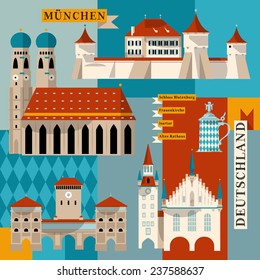 Sights of Munich. Bavaria, Germany, Europe. Vector illustration