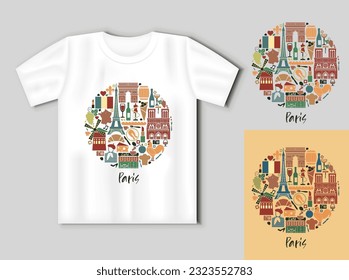 Sights of Paris. Flat icons in the shape of a circle. Travel concept with t-shirt mockup