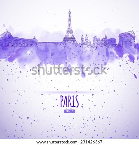 sights of Paris in the style of the sketch and watercolor