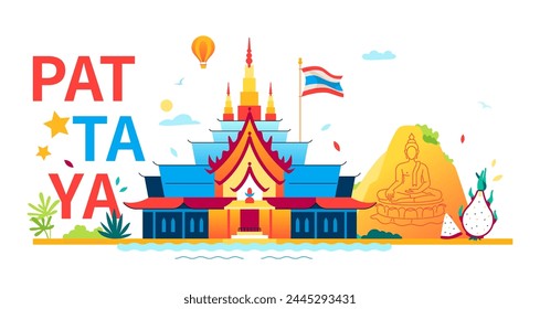 Sehenswürdigkeiten von Pattaya - moderne farbige Vektorillustration mit Wat Phra Kaew und Khao Chi Chan - der Buddha-Berg. Nationalflagge von Thailand und Drachenfrucht, Wellen und tropische Natur, Asien Idee