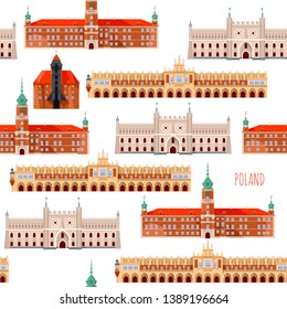 Sights of Poland. Krakow, Cloth Hall, Lublin, Castle, Gdansk, Crane, Warsaw, Royal Castle.  Seamless background pattern. Vector illustration.