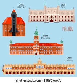 Sights of Poland. Krakow, Cloth Hall, Lublin, Castle, Gdansk, Crane, Warsaw, Royal Castle. Vector illustration. 