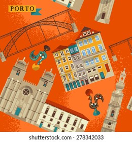 Sights of Porto. Portugal, Europe. Seamless background pattern. Vector illustration