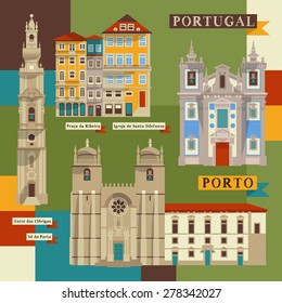 Sights of Porto. Portugal, Europe. Vector illustration