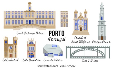 Sights of Porto Portugal  Stock Exchange Palace, Casa da Musica, Della Bookstore, Sé Cathedral, Clérigos Church, Church of Saint Ildefonso. Flat-style illustration for designing souvenir postcards.  