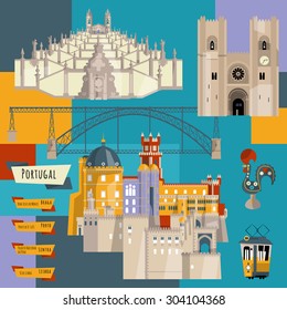 Sights of Portugal. Lisbon, Porto, Sintra, Braga. Europe. Vector illustration