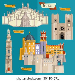 Sights of Portugal. Lisbon, Porto, Sintra, Braga. Europe. Vector illustration