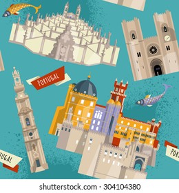 Sights of Portugal. Lisbon, Porto, Sintra, Braga. Europe. Vector illustration