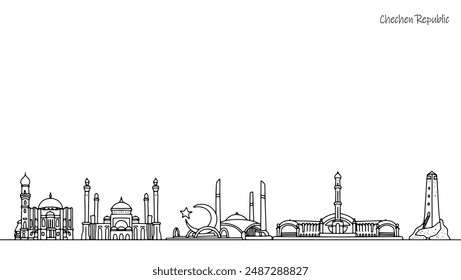 Miradores de la República de Chechenia. Arquitectura religiosa e histórica. La belleza de las calles del país. Ilustración vectorial en blanco y negro. Ilustración vectorial.