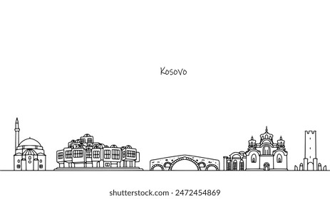 Sights of the Republic of Kosovo. Cityscape in the form of cultural and religious buildings. Simple black and white illustration.