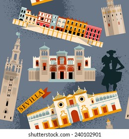 Sights of Seville. Andalusia, Spain, Europe. Seamless background pattern. Vector illustration