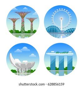 Sights of Singapore. Set of round vector illustrations.