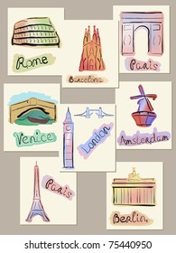 Sights of some european cities designed in watercolours style.