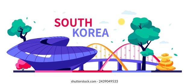 Sights of South Korea - modern colored vector illustration with Dongdaemun Design Plaza, Bridge in Daejeon