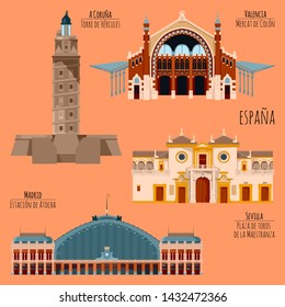 Sights of Spain. Madrid, Railway station Atocha, A Coruna, Tower of Hercules, Seville, Bullring Maestranza, Valencia, Columbus Market. Vector illustration.